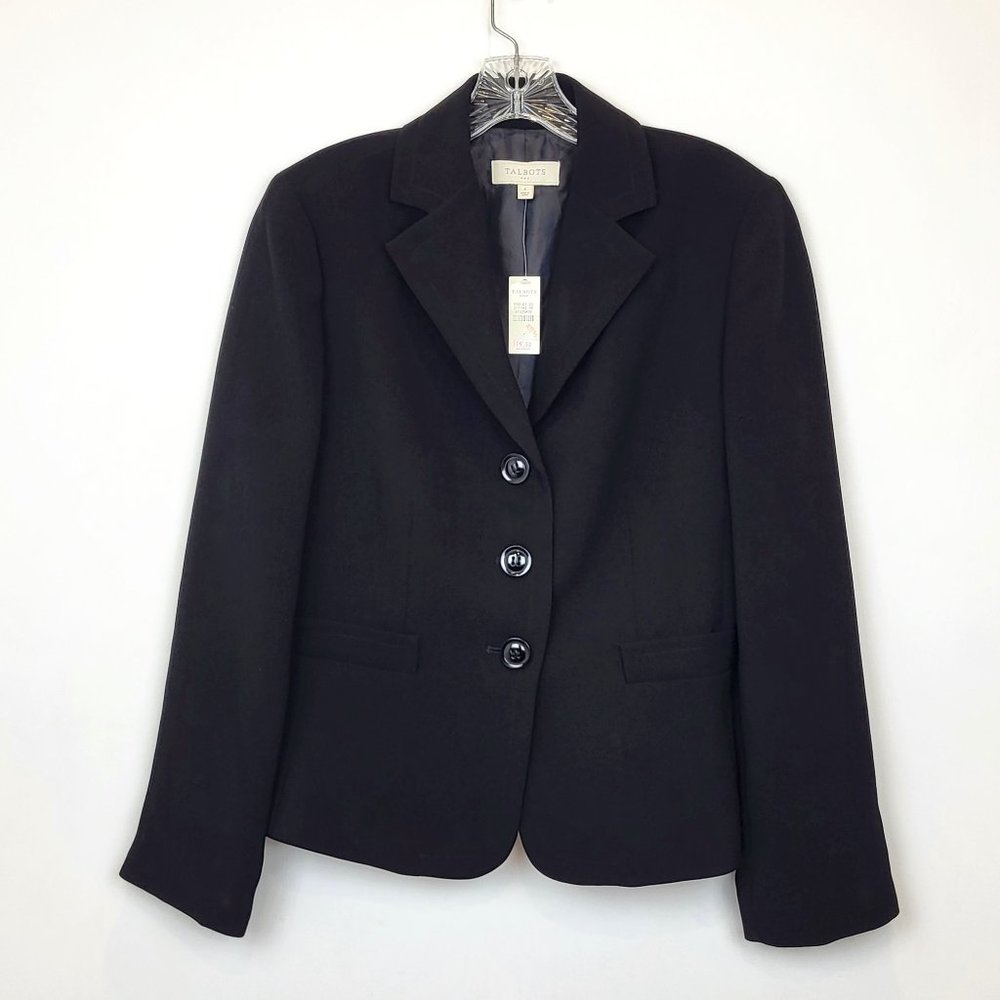 Talbots Outlet Black 3 Button V Neck Blazer, Rear Peplum Pleats, Size 4, NWT